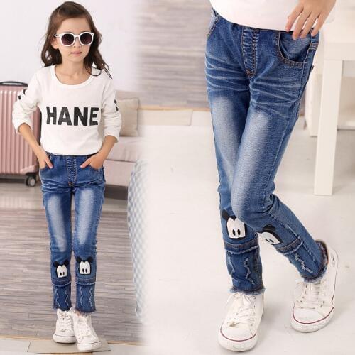 2019 spring Hot sale good quality big Girls denim pants children casual cartoon distressed Jeans for Girls 5-10 years
