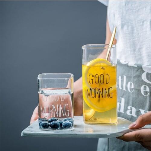 Good Morning 400ml Black White Transparent Creative Square Coffee Tea Drinks Dessert Breakfast Milk Cup Kitchenware Glass Cup
