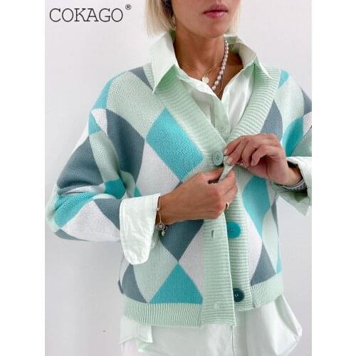 COKAGO Argyle Plaid Knitted Oversize Cardigan Women V Neck Buttons Long Sleeve Sweaters Female Autumn Winter Tops Knitwear Coat
