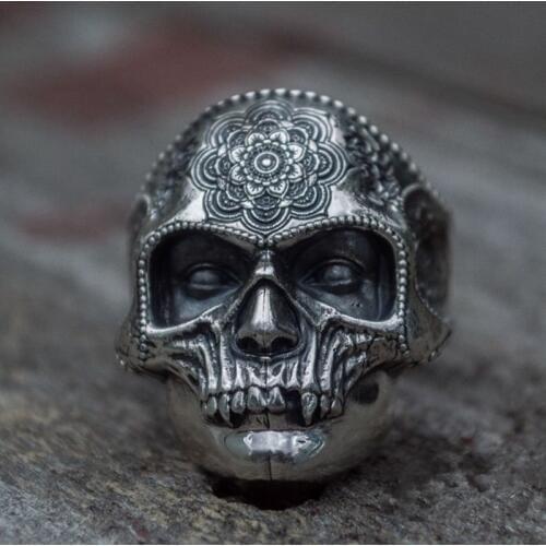 Mexican Mandala Flowers Sugar Skull Ring Gothic Silver Color Stainless Steel Heavy Biker Jewelry