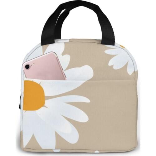 Cute White Daisy Flowers Lunch Bag Portable Insulated Thermal Cooler Bento Lunch Box Tote Picnic Storage Bag Pouch