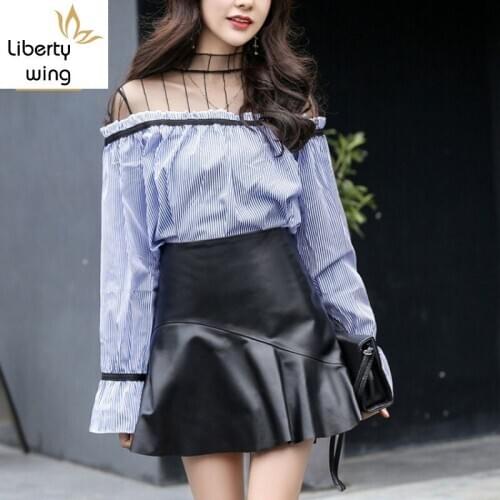 Fashion Womens Leather Black Ruffle Mini Skirt Zipper Top Quality Sheepskin Ladies Skirts Autumn Slim Tutu Woman XS-XXL