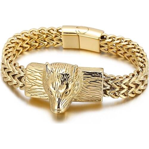 12mm 8.66'' Gothic Biker Mens Stainless Steel Wolf Head Franco Link Curb Chain Bracelet Bangle Silver/ Gold / black