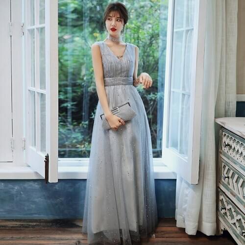 2020 New Fashion Evening Dress Elegant A-line Prom Dresses Beaded Sleeveless Formal Dress Silver Banquet Dresses