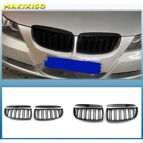 1 Pair Gloss Matt Black M Color 2 Line Front Kidney Grille Grill Double Slat For BMW E90 E91 3 Series 320i 325i 328i 2005-2008