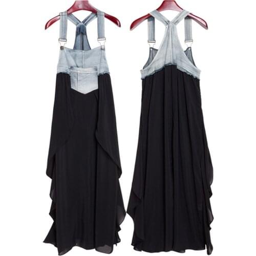 Dress Women Summer European American condole belt vest straps pleated denim chiffon stitching Dresses Casual Vestidos ZXP12903