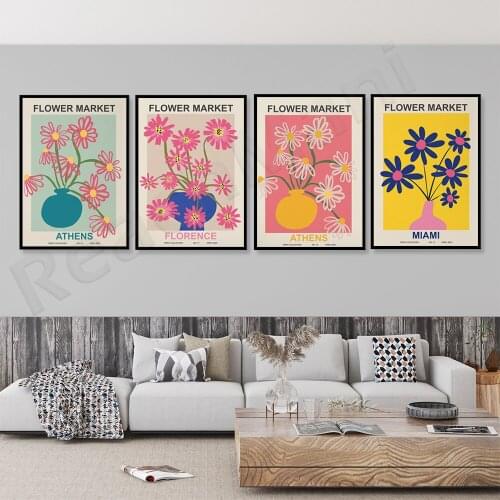 Flower market poster Florence, colorful bouquet spring flower art, daisy poster, spring flower in vase, botanical illustration m