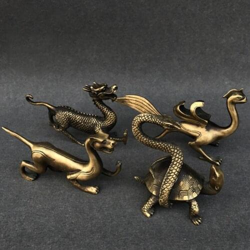 Retro Handmade Copper Four Auspicious Beast Qinlong Baihu Zhuque Xuanwu Antique Bronze Animal Home Decorative Ornaments