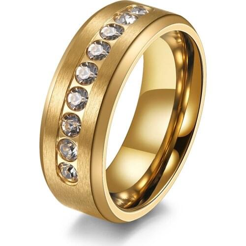 High Quality Pave Cubic Zircon Stones Wedding Engagement Ring 18K Golden Mens Male Stainless Steel Simple Couple Lovers Jewelry