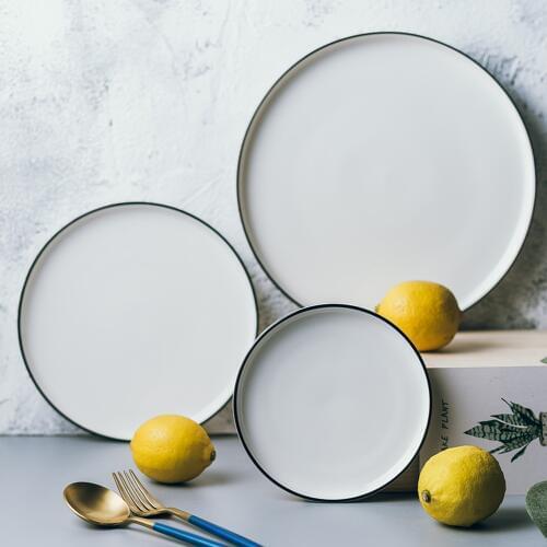 6/8/10inch Nordic Style Breakfast Sushi Plate Ceramic Black Rim Western Plate Steak Fruit Dishes Saucer Brief Tableware