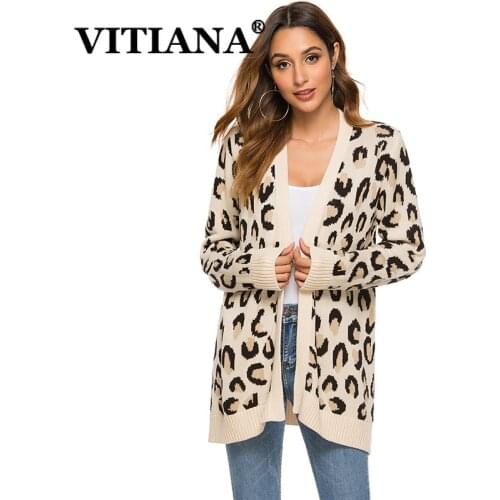 VITIANA Women Leopard Long Cardigans Autumn Winter 2019 Long Sleeve Casual Knitted Sweaters Open Stitch Ladies Knit Sweater Coat