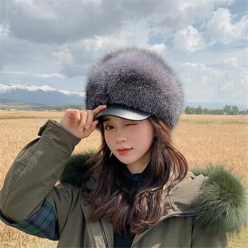 Women Winter Real Silver Fox Hat with Brim Lady Genuine Red Fox fur Female Russian Bomber Caps Earflap T2
