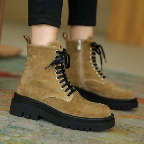 2021 Platform Combat Ankle Boots Leather Women Shoes Lace Up Zipper Woman Autumn Winter Biker Boots Black Brown Green