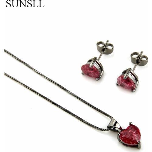 SUNSLL Black Color Copper Multicolor Crack Cubic Zirconia Stud Earrings And Pendant Necklaces Jewelry Sets Womens Fashion Sets