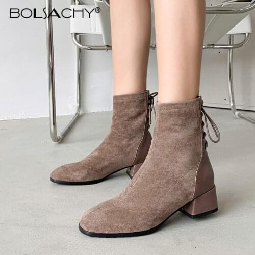 2020 NEW Boots Women Sock Ankle Boot Female Square Toe Thick Heels Shoes Lace-up Ladies Fashion Suede Winter Boots Black Khaki