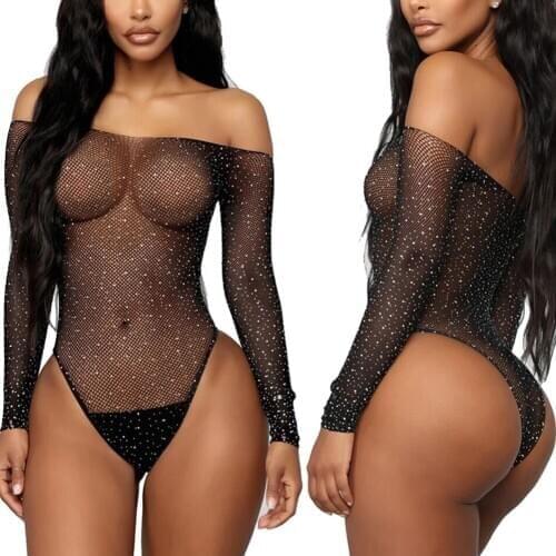 Women Black Lace Fishnet Rhinestone Bodysuit Off- Shouder Jumpsuit Beach Bikini SN-Hot