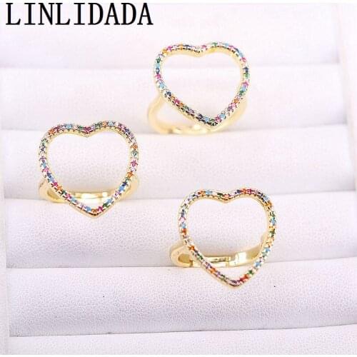 10Pcs Gold Filled Top Quality Trendy Pave CZ Rainbow Zirconia Open Adjusable heart Charm ring For Women