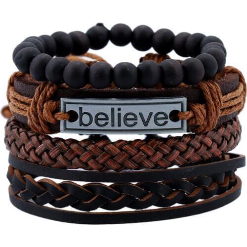 4pcs/set Vintage Punk Star Wing Devil Eye good quality Genuine Leather Alloy PU Hemp Rope Women Men Handmade Braided Bracelets