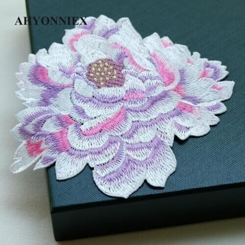 AHYONNIEX 1PC Peony Flower Sew On Sticker for Clothing Decoration High Quality Embroidery Floral Patches for Costume Clothes DIY