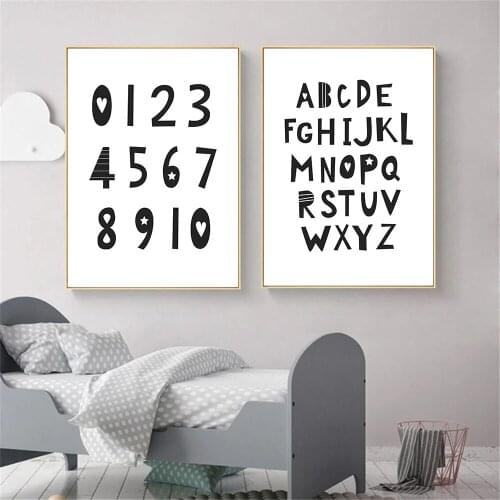 Alphabet And Number Wall Art Poster Nursery Canvas Print Children Enlightenment Painting Black And White Picture Baby Room Decor
