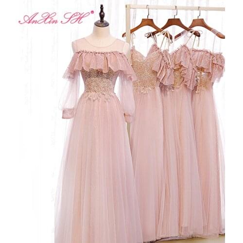 AXJFU pink flower lace boat neck Bridesmaid Dress fashion illusion bow beading crystal long a line lace up Bridesmaid Dress