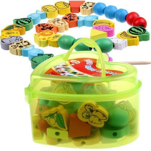 Wooden String Toy Beads Animals Fruits Shapes Buliding Blocks Toys