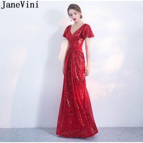 JaneVini Elegant Red Long Dress Bling Sequined Ladies Dresses For Wedding Party Jurk Lang Pleat Sequin Bridesmaid Dresses Nedime