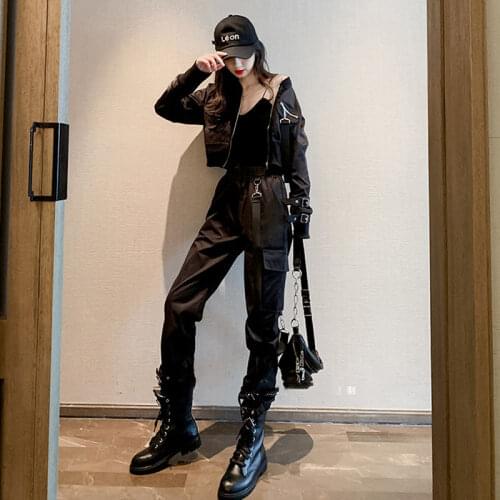 2020 Womens Sets Overalls Woman Female Black Handsome Street Sweater Jacket Shorts + High Waist Cargo Pants 2-Piece Set Outfits