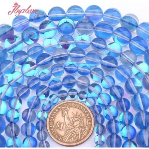 Round Smooth Blue Austria Crystal Synthesis Glitter Stone Loose Beads for DIY Women Men Necklace Bracelet Jewelry Making 15"
