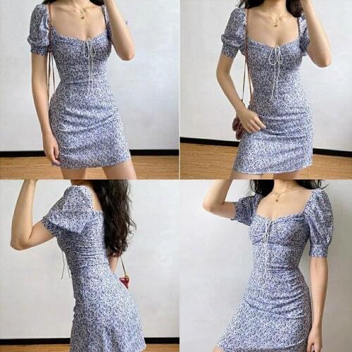 Lusofie Summer Womens Flower Print A-line Skirt Lantern Sleeve Dress Girls Temperament V-neck French Style Mini Dress