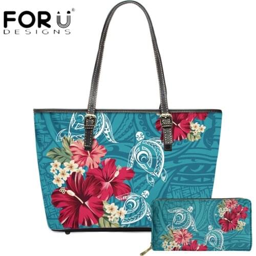 FORUDESIGNS Fashion Luxury Handbag And Purse For Women Hawaiian Hibiscus Floral With Poly Turtle Printing Ladies Shoulder Bolsa