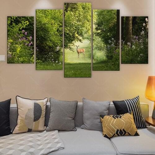 Frame Canvas Painting Print Wall Art Nature Landscape Poster 5 Pieces Summer Deer HD Modular Pictures For Living Room Home Decor