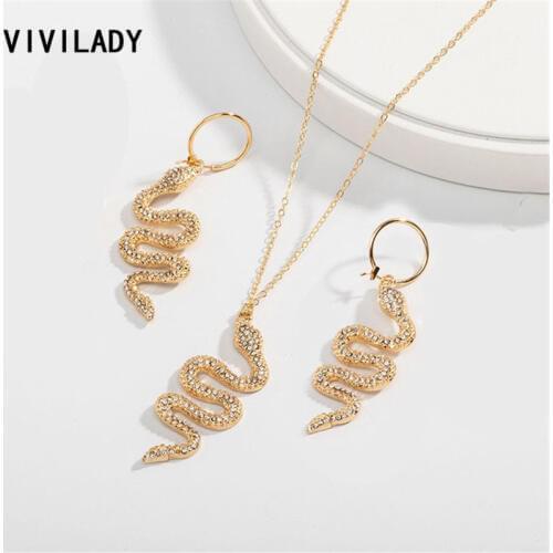 VIVILADY European Hyperbole Gold Color Alloy Snake Pendant Women Jewelry Set Neckalce Earrings Imitation Crystal Charm Jewelry