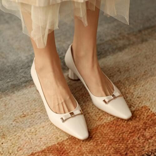 Osunlina Womans High Heels Pumps Square Toe Party Butterfly-Knot Wedding Handmade Genuine Leather Shallow Office Shoes A331
