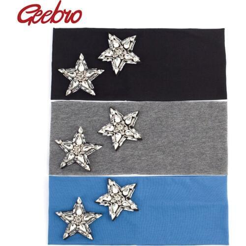 Geebro Womens Plain Stretch Headbands Fashion Cotton Double Star Rhinestones Elastic Flat Headband For Girls Hair Band Turban
