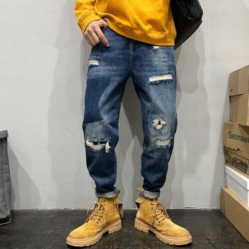 New Men Ripped Jeans Mens Patchwork Patch Beggar Trousers Street Jeans Hip Hop Biker Hole Loose Straight Denim Pants