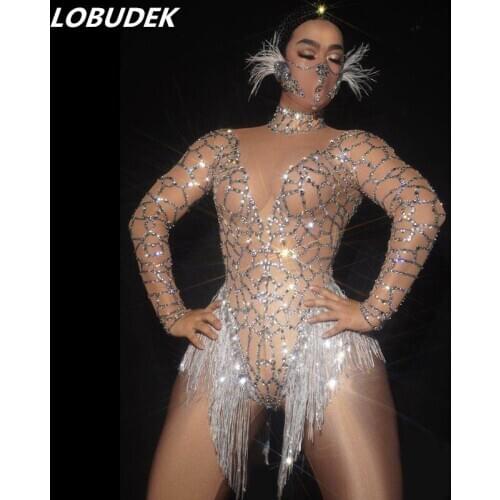Sexy Stage Performance Shiny Rhinestones Fringes Nude Mesh Elastic Bodysuit Bar Nightclub Women Singer Dance Team DJ DS Costume