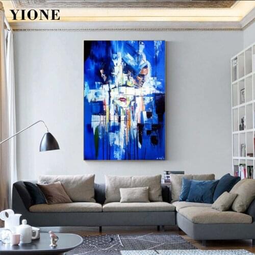 Blue Abstract Portrait Oil Painting Custom Art Woman Man Face Graffiti Canvas Poster Wall Print Picture for Bedroom Home Decor