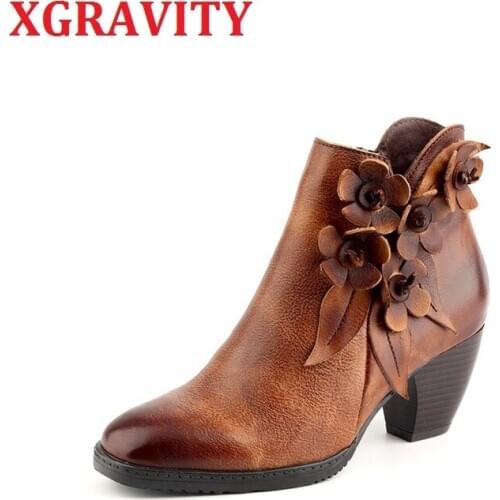 XGRAVITY New Retro Floral Hand-made Genuine Leather Boots Fashion Flower Chunky Boots Vintage Shoes Retro Women Boots Shoes S148