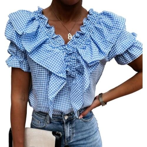 Women T-shirt Plaid Ruffled Summer Puff Sleeve V Neck Short Sleeve Top for Dating t shirt women 2021 fashion Black xxl