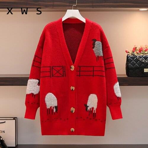Women Winter Clothes 2020 V neck Sweater Cardigans Geometric Oversized Knit Coat Loose Long Sleeve red Sweater Coat Jumper