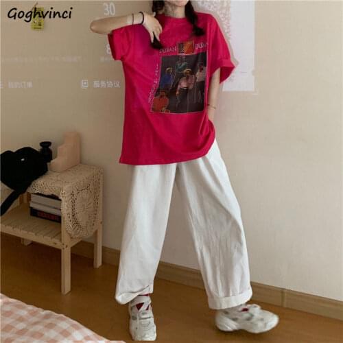 Women Pant Sets Print Tops Short Sleeve Baggy BF Harajuku White Wide-leg Trousers Hip-pop Streetwear Chic Students Cozy 2 Pcs