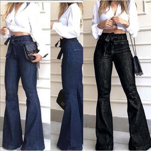 Women High Waist Bandage Wide Leg Denim Jeans Ladies Stretch Fare Long Pants
