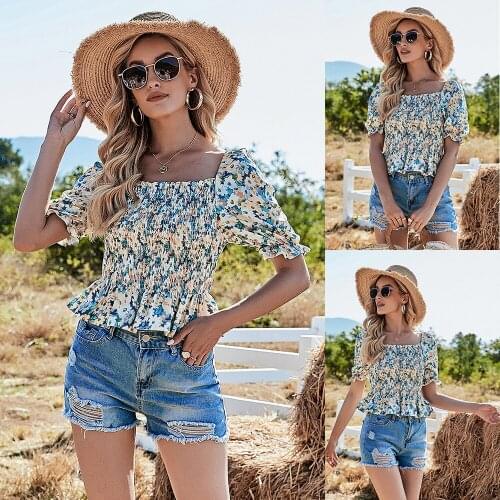 Women Summer T-Shirts Tunic Elastic Waist Print Floral Color Short Sleeve Casual Beach Style Fashion Top Tee Female Blouse C2506