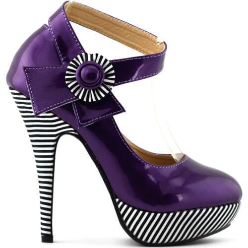 LF30404-2 New Ladies Flower Ankle Strap Stripe Platform Party Pumps