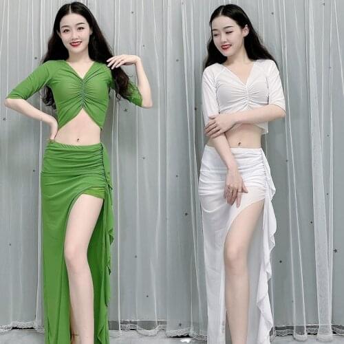 2021 Belly Dance Clothes Set Women Pleated Crop Top + Split Skirt + Short Pant 3 Piece Lady Performance Practice Suit Dancewear