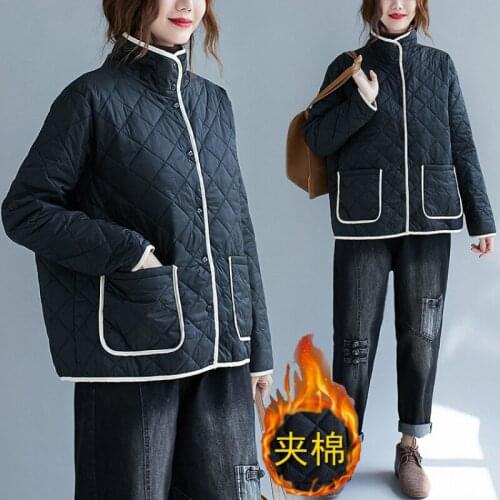 Womens Coats Down Jacket Short Loose Large Stand Collar Outer Garment; Vintage Cotton Casual Quilted Style Double Pocket Female