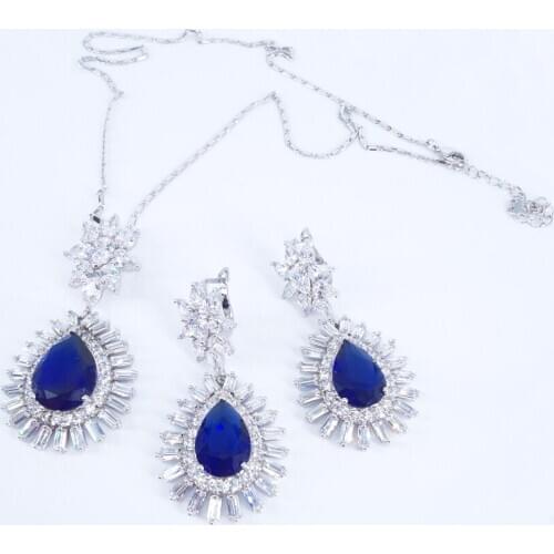 2021 new fashion popular crystal blue green CZ necklace earrings party jewelry wedding bride dressing banquet formal jewelry