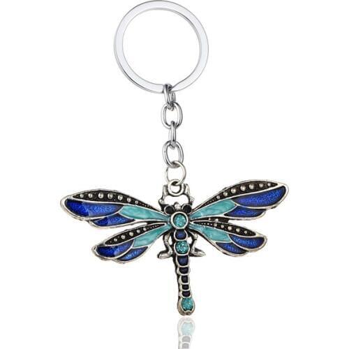 36PC Animals Blue Crystal Rhinestone Dragonfly Keyrings Charm Pendant Keychains Family Kids Children Christmas Gift Jewelry Hot