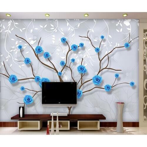 3D Embossed Wallpaper Blue Rose Pattern TV Background Modern Europe Wall Art Mural for Living Room Large Painting Home Decor